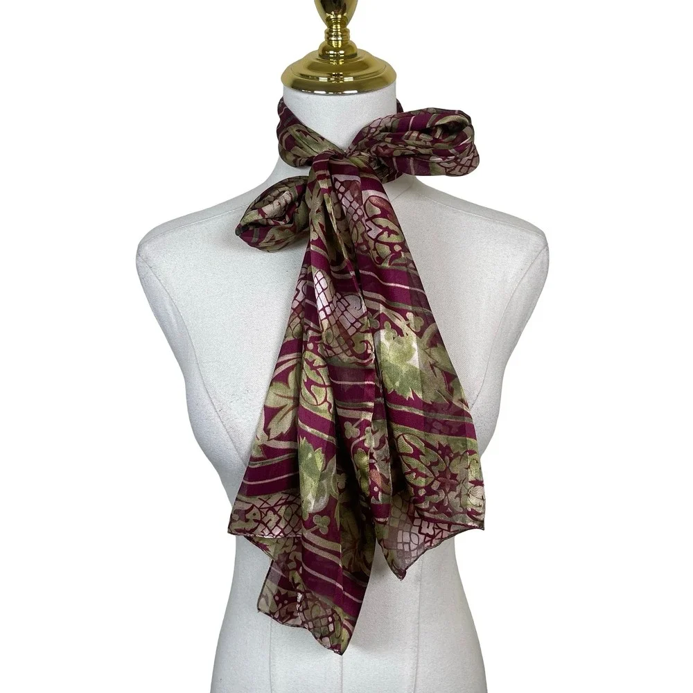Vintage Scarf Floral Botanical Print Womens Burgundy Green Sheer Dark Academia